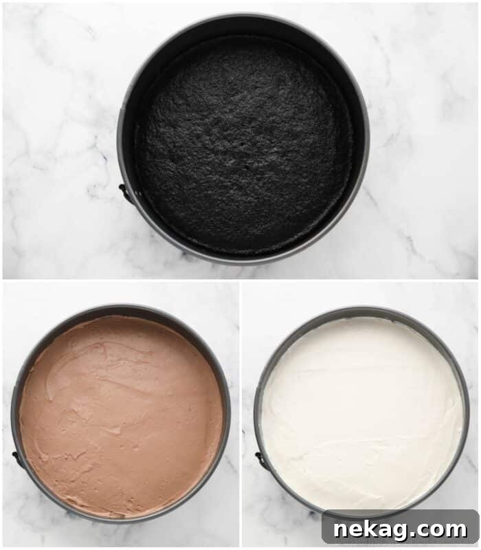 Decadent Black Tie Chocolate Mousse Cake Recipe 10 Layering Black Tie Mousse Cake with chocolate cake, chocolate cream cheese mousse, and vanilla cream cheese mousse.