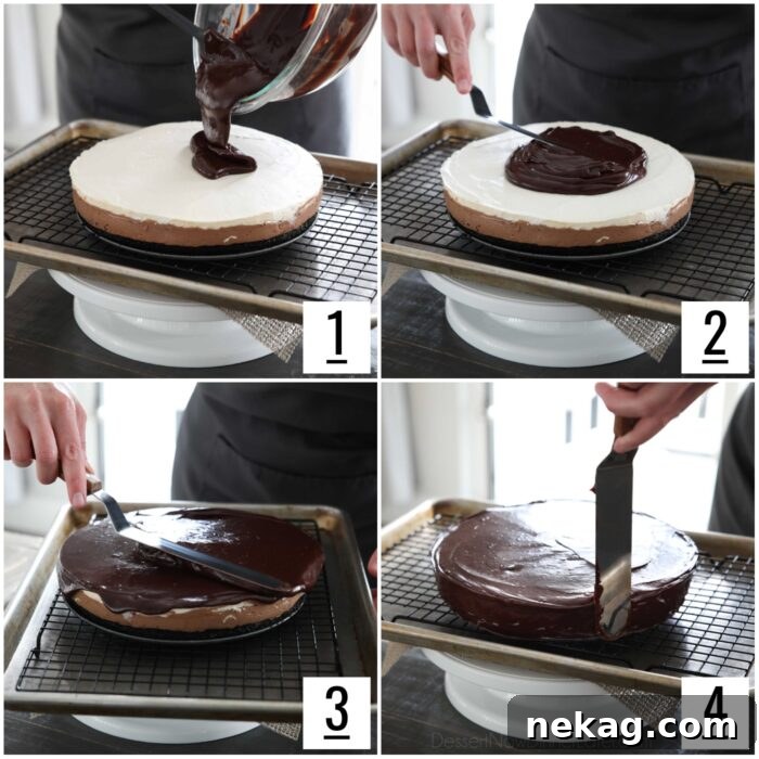 Decadent Black Tie Chocolate Mousse Cake Recipe 13 Four images showing how to coat the black tie mousse cake with chocolate ganache.