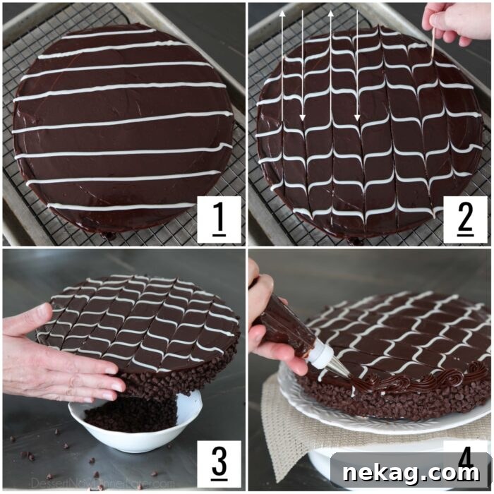 Decadent Black Tie Chocolate Mousse Cake Recipe 14 Four images to show steps for decorating the black tie mousse cake with white chocolate swirls on top, mini chocolate chips on the side, and piping along the top edge.