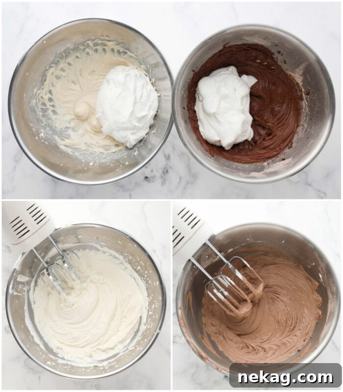 Decadent Black Tie Chocolate Mousse Cake Recipe 9 Steps to combine the vanilla and chocolate cream cheese mixtures with the stabilized whipped cream to create mousse.