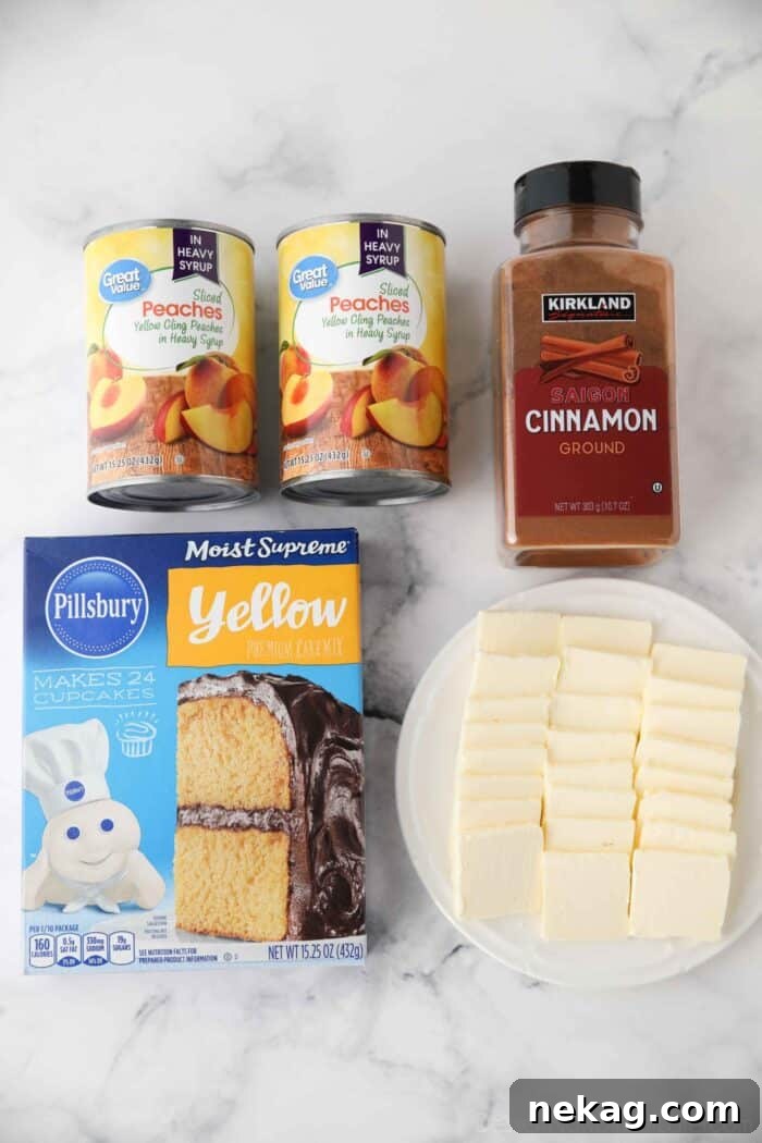 Four ingredients needed to make peach dump cake.
