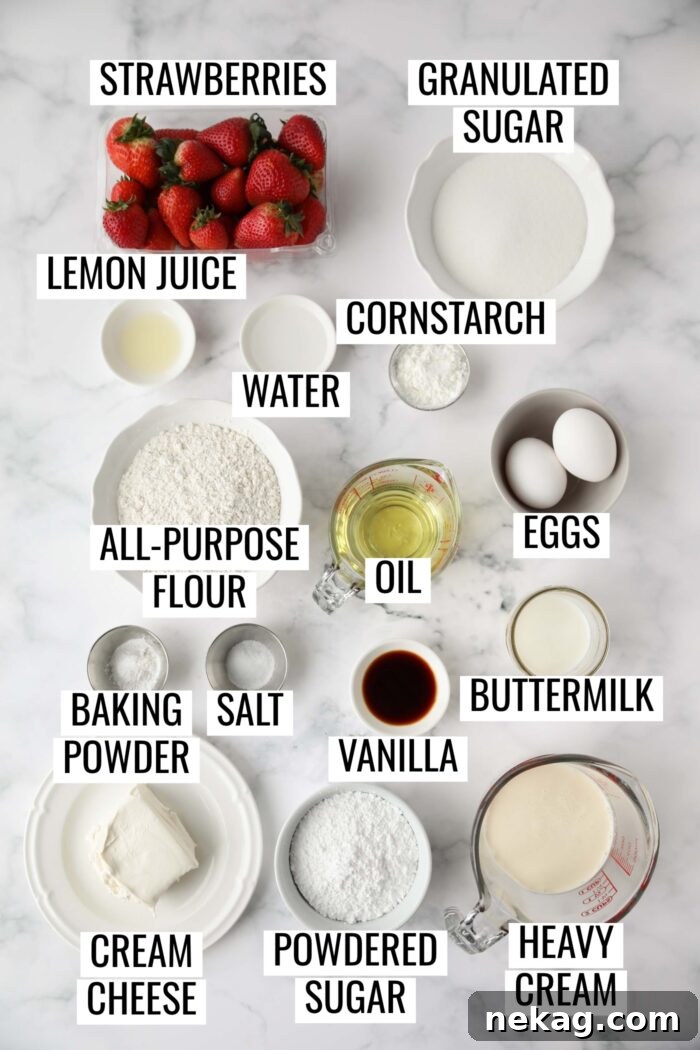 Strawberry Shortcake Cupcakes Recipe — Moist Strawberry Cupcakes 5 Labeled ingredients needed to make Strawberry Shortcake Cupcakes.