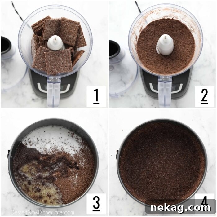 Steps to make a chocolate graham cracker crust.