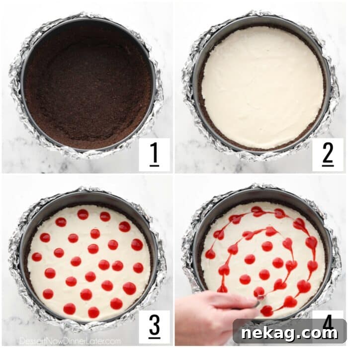 Assembling Valentine's Day Cheesecake. Chocolate crust, cheesecake filling, and drops of strawberry puree being dragged with a knife to create hearts.