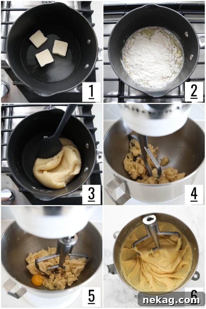 Steps to make cream puffs (pate a choux).