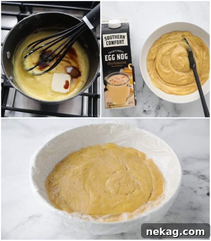 Finishing steps to make eggnog pastry cream.