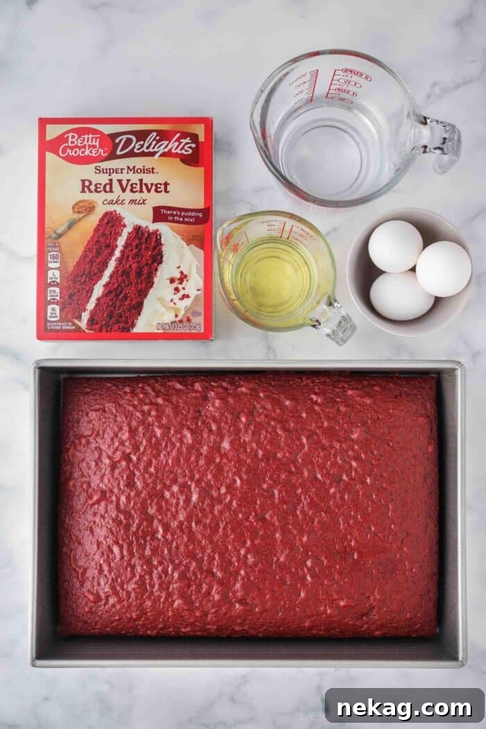Red Velvet Truffle Recipe: Decadent Bite-Sized Chocolate Truffles 4 Box of Red Velvet Cake Mix and ingredients needed to make it with the finished cake in a 13x9-inch pan.