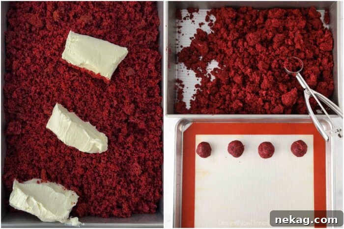 Red Velvet Truffle Recipe: Decadent Bite-Sized Chocolate Truffles 5 Cream cheese and red velvet cake crumbs being mixed and shaped into balls.