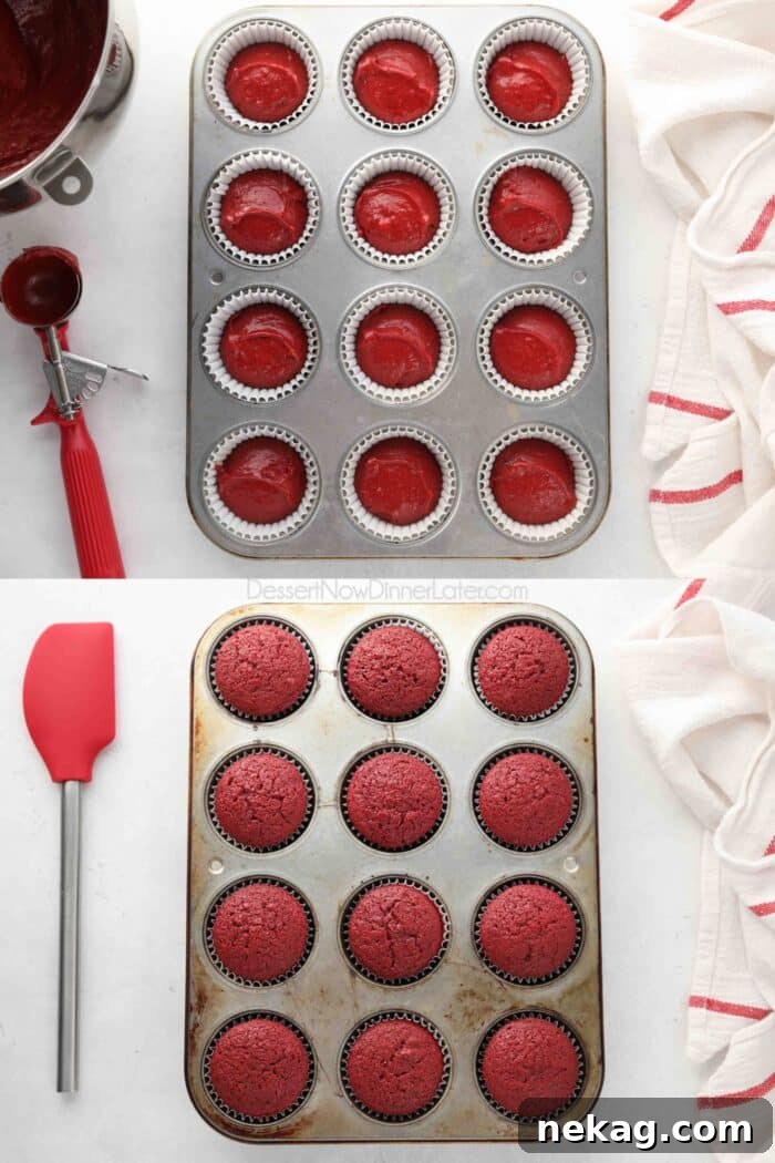 Red Velvet Cupcakes before and after baking.