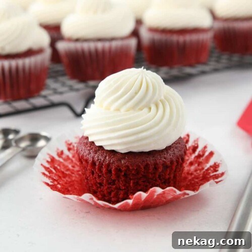 A red velvet cupcake with the wrapper pulled down to show the fluffy moist texture.