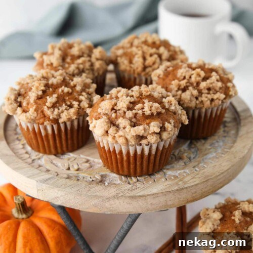 Pumpkin Streusel Muffins Recipe with Cinnamon Crumble 11 Pumpkin streusel muffins on a cake stand.