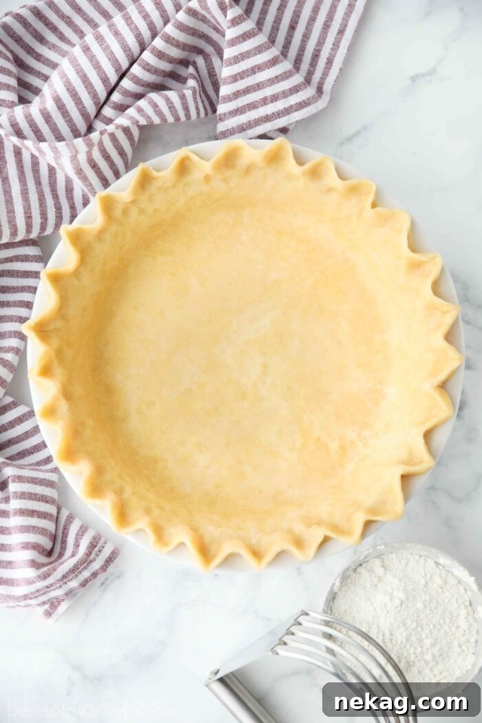 Top view of perfect pie crust in a pan with crimped edges.