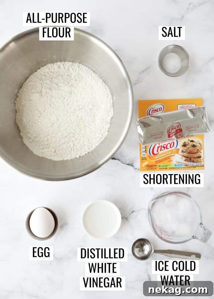 Labeled ingredients to make a Crisco pie crust or shortening pie crust recipe.