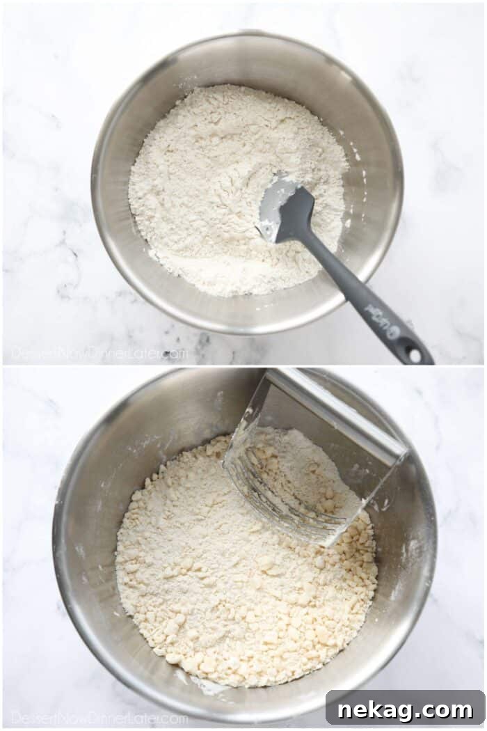 Stirring flour and salt together. Then cutting in the shortening with a pastry blender.
