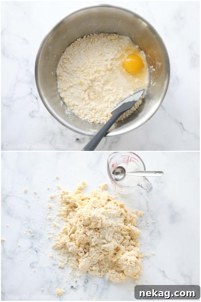 Adding an egg, water and vinegar. Mixing dough with extra water till it combines.