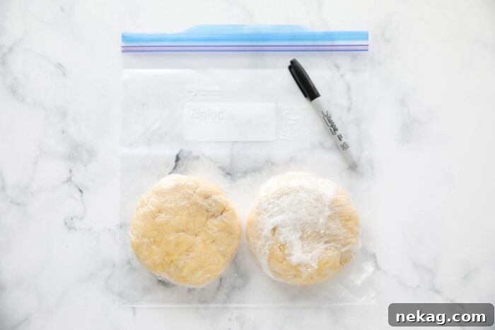 Wrapping pie crust disks with plastic wrap to chill or freeze.