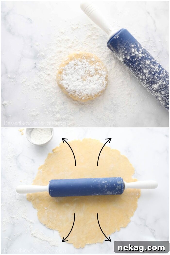 Rolling easy pie crust on a floured surface.