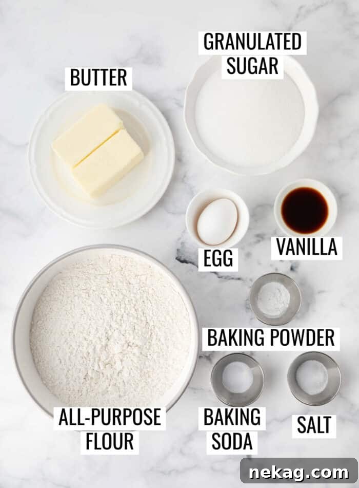 Classic Sugar Cookie Recipe: Soft, Bake-and-Share Cookies 5 Labeled ingredients to make drop sugar cookies.