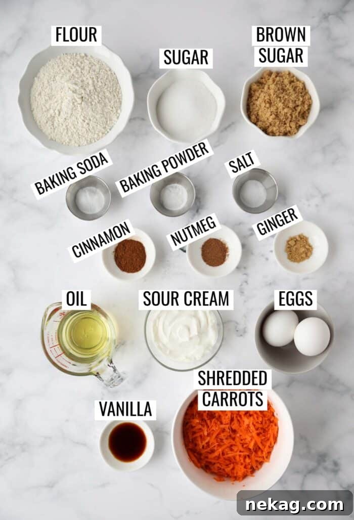 Ingredients needed to make sheet pan carrot cake bars.