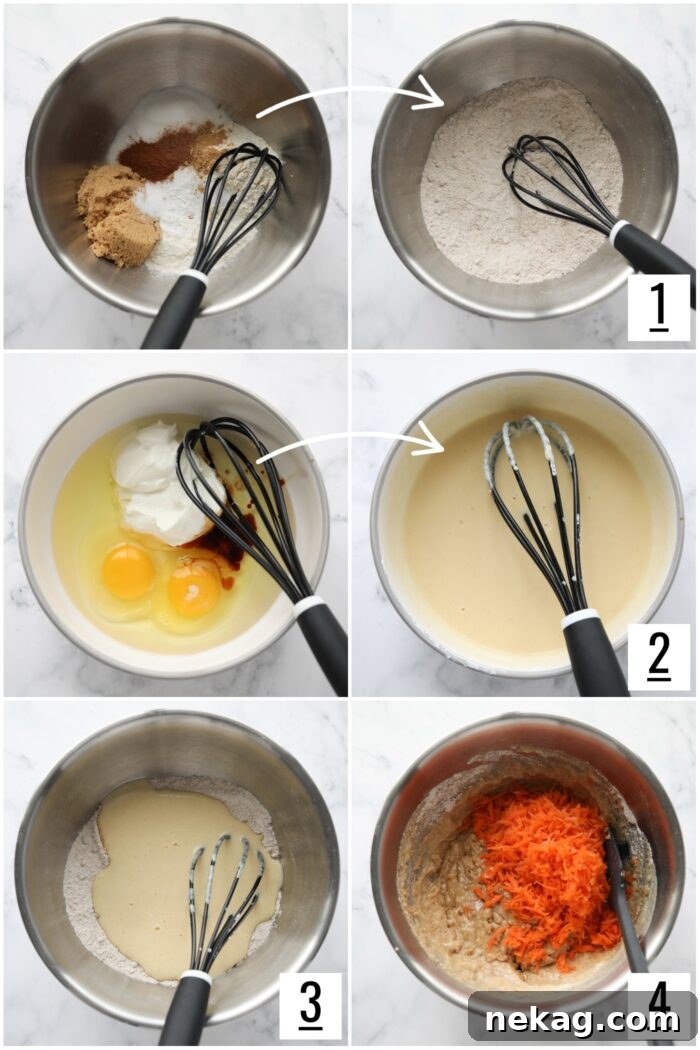 Steps to make carrot cake batter for carrot bars.