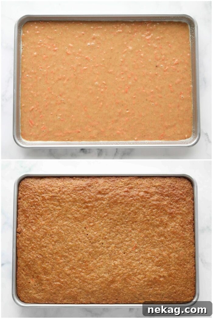 Before and after baking carrot cake in a sheet pan.
