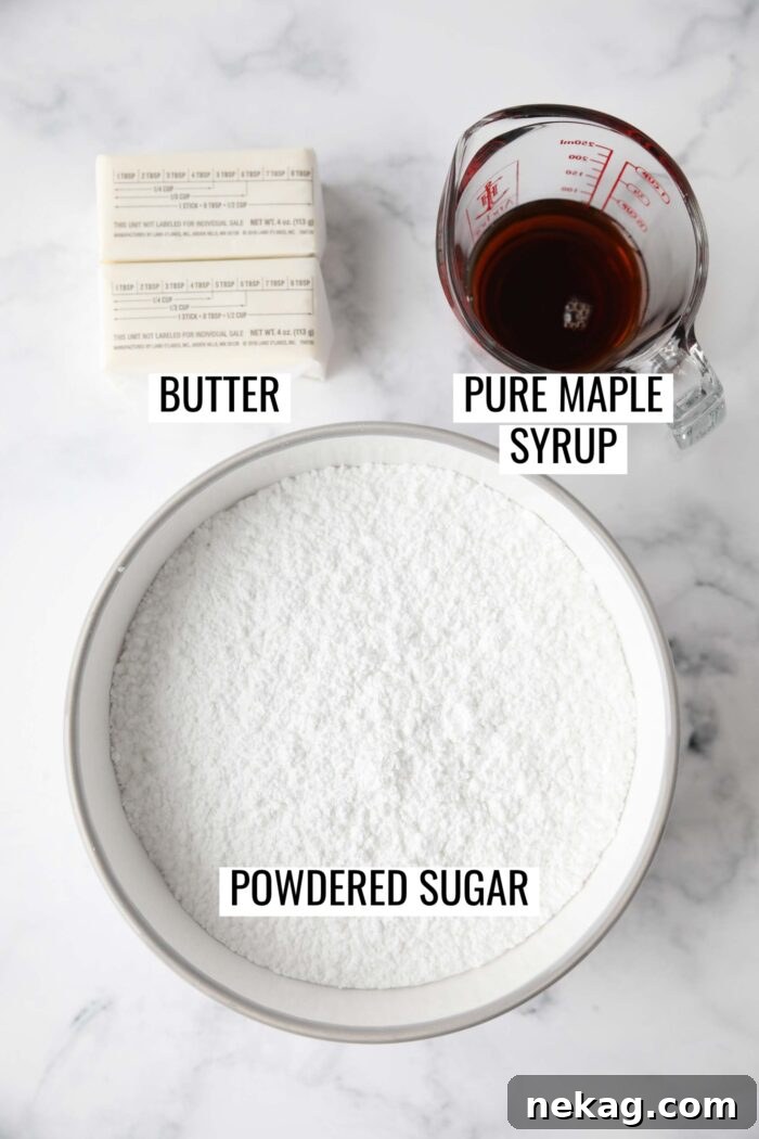 Ingredients needed to make maple frosting.