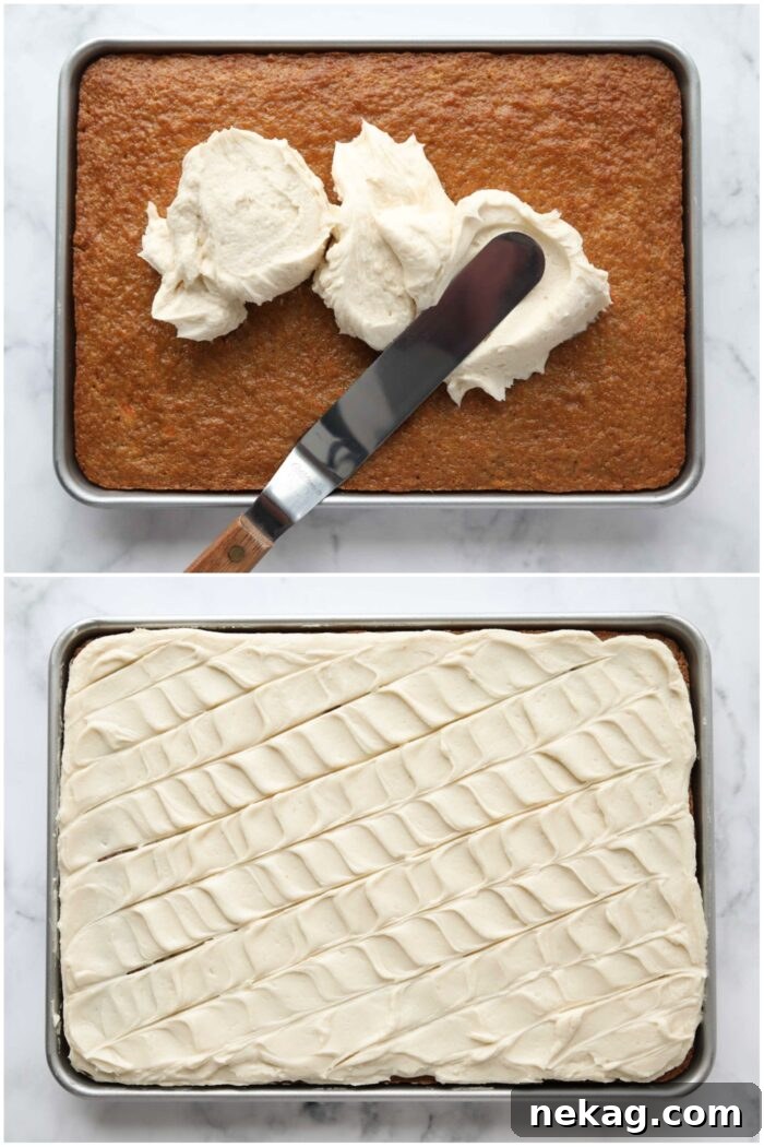 Topping a carrot sheet cake with maple frosting.