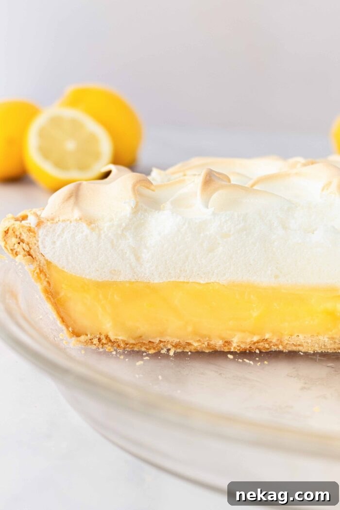 Classic Lemon Meringue Pie Recipe with Video Tutorial 12 Side view of lemon meringue pie in the pan showing each layer.