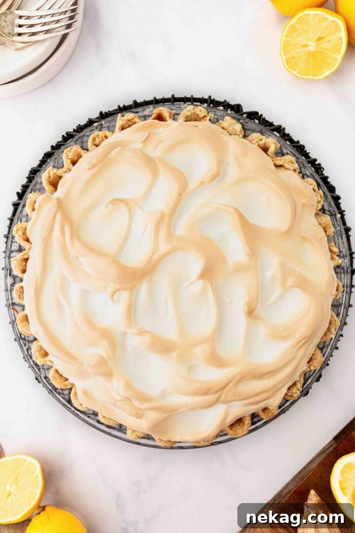 Classic Lemon Meringue Pie Recipe with Video Tutorial 3 Top view of toasted meringue on top of lemon pie.