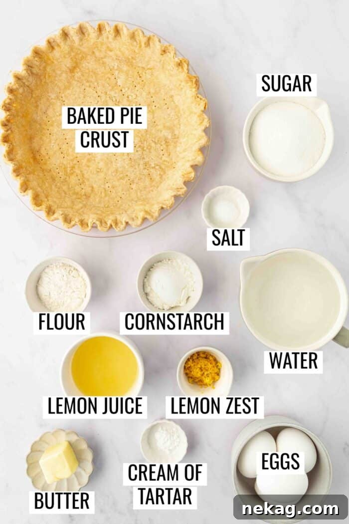 Classic Lemon Meringue Pie Recipe with Video Tutorial 6 Labeled ingredients needed to make lemon meringue pie.