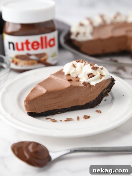 Slice of no bake Nutella cheesecake on a plate.
