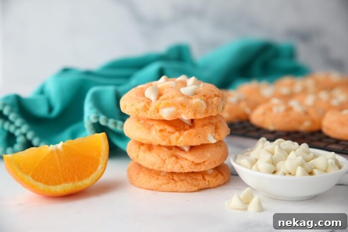 Stack of creamsicle orange cookies with white chocolate chips.