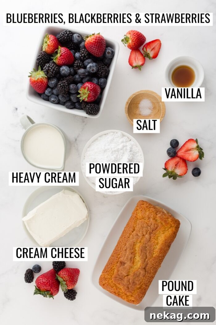 Red, White & Blue Berry Trifle Recipe with How-To Video 4 Labeled ingredients needed to make a red white and blue trifle.