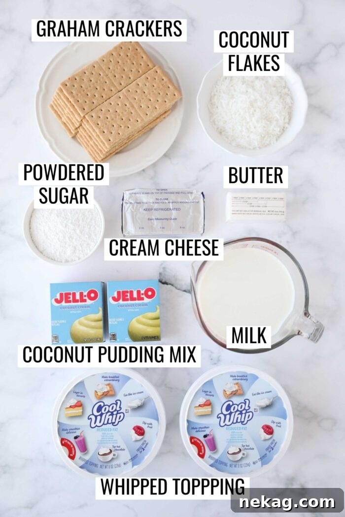 Labeled ingredients needed to make coconut delight.
