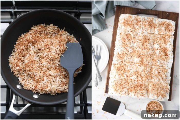 Toasting coconut and topping the coconut delight dessert.