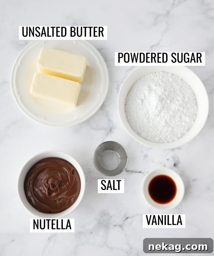 Labeled ingredients needed to make Nutella frosting.
