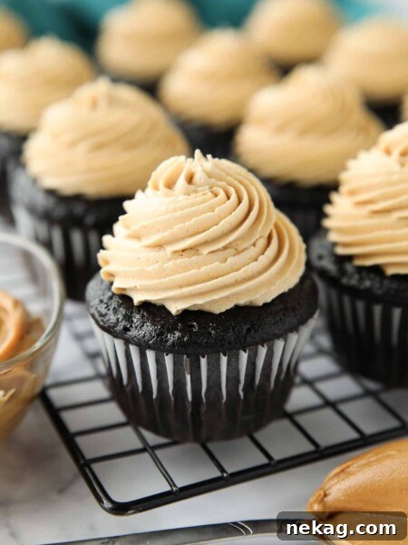 Peanut butter frosting piped on top of a chocolate cupcake.