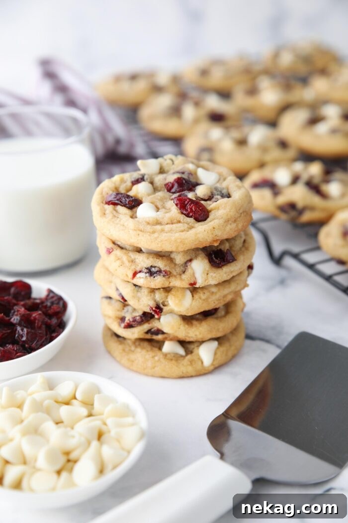 Stack of white chocolate cranberry cookies.