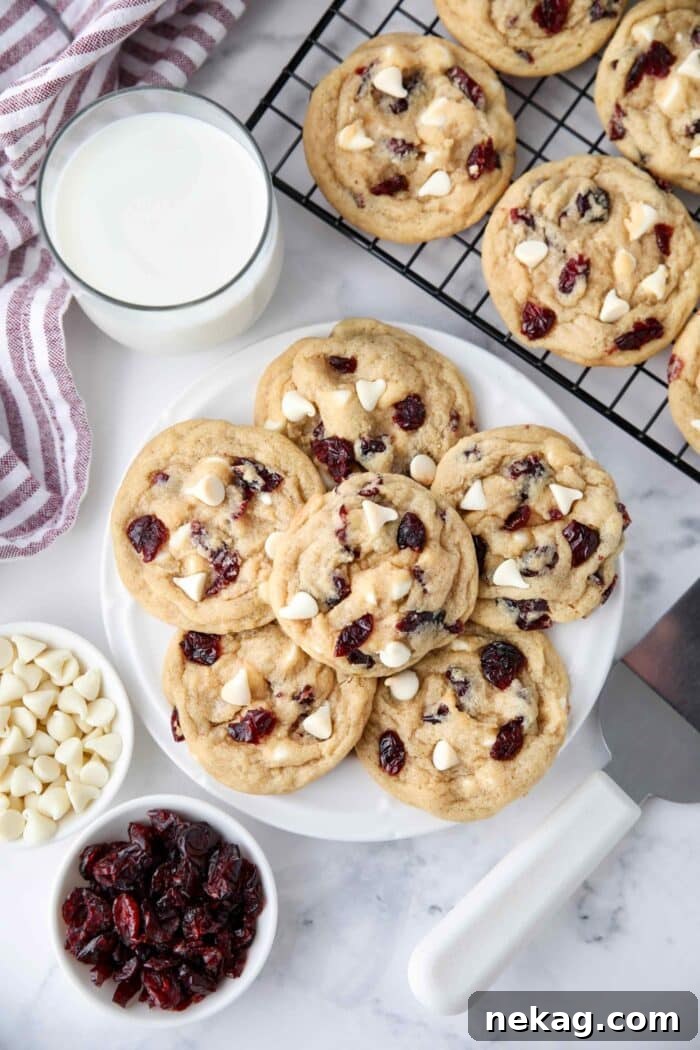 Plate of white chocolate cranberry cookies.