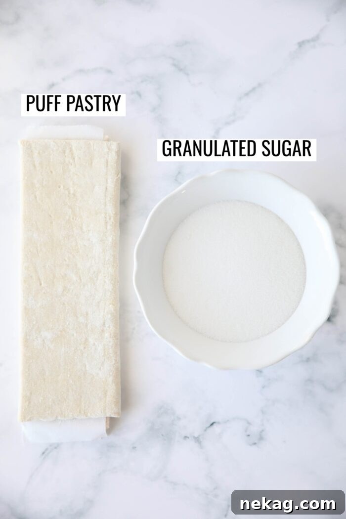 Two-Ingredient Palmiers: Crispy Puff Pastry Cookies 5 Labeled ingredients needed to make Palmiers.