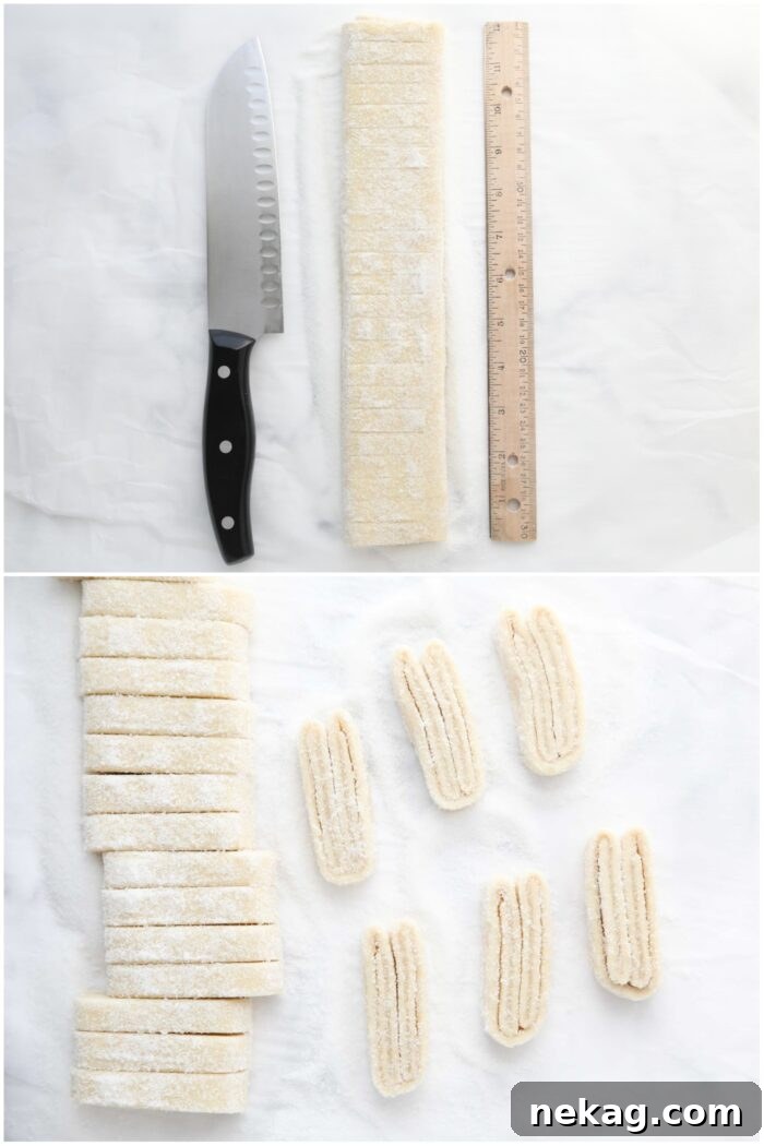 Two-Ingredient Palmiers: Crispy Puff Pastry Cookies 8 Measuring and slicing the sugary puff pastry into 1/2-inch pieces and coating the sides with extra sugar.