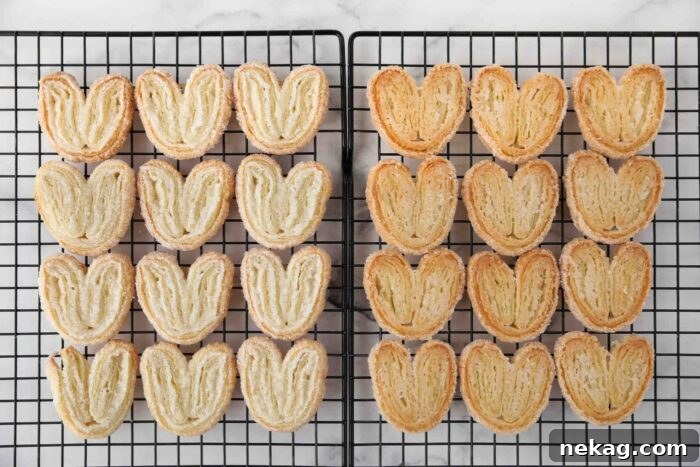 Two-Ingredient Palmiers: Crispy Puff Pastry Cookies 9 Side-by-side comparison of palmiers baked straight (without flipping) and palmier cookies that were flipped halfway through baking.
