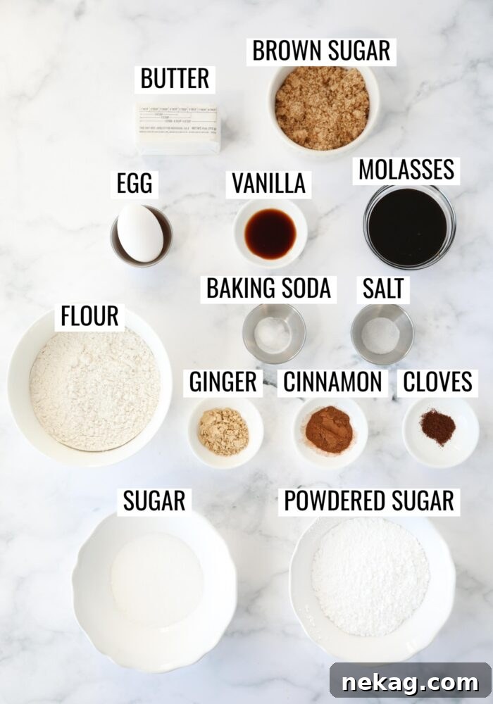 Labeled ingredients needed to make Gingerbread Crinkle Cookies.