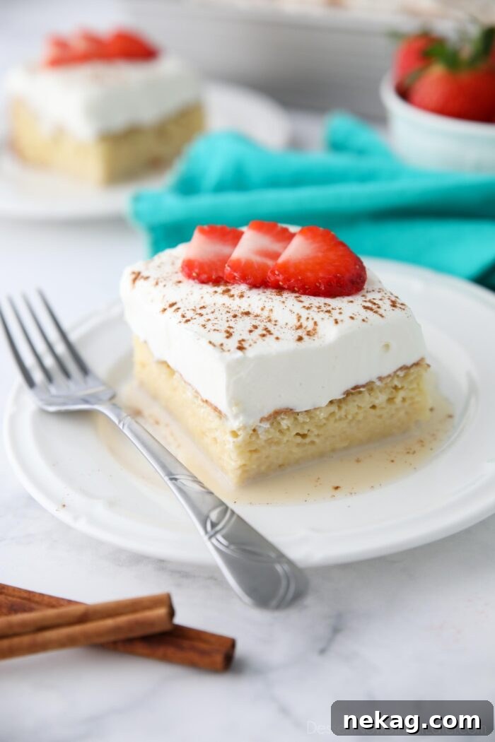 Classic Tres Leches Cake Recipe: Moist Milk-Soaked Sponge 2 Slice of tres leches cake on a plate with whipped cream, cinnamon, and sliced strawberries on top.