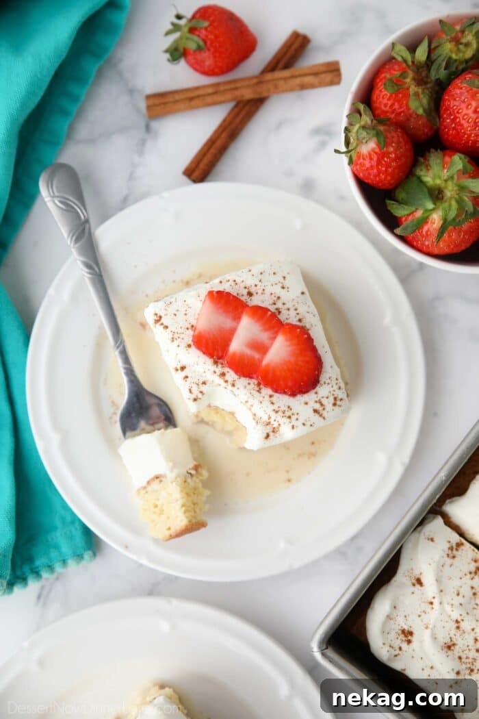Classic Tres Leches Cake Recipe: Moist Milk-Soaked Sponge 10 Top view of tres leches cake with a forkful taken out and milk seeping out onto the plate.