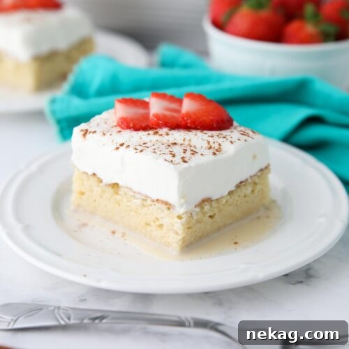 Classic Tres Leches Cake Recipe: Moist Milk-Soaked Sponge 11 Slice of tres leches cake on a plate with whipped cream, cinnamon, and sliced strawberries on top.