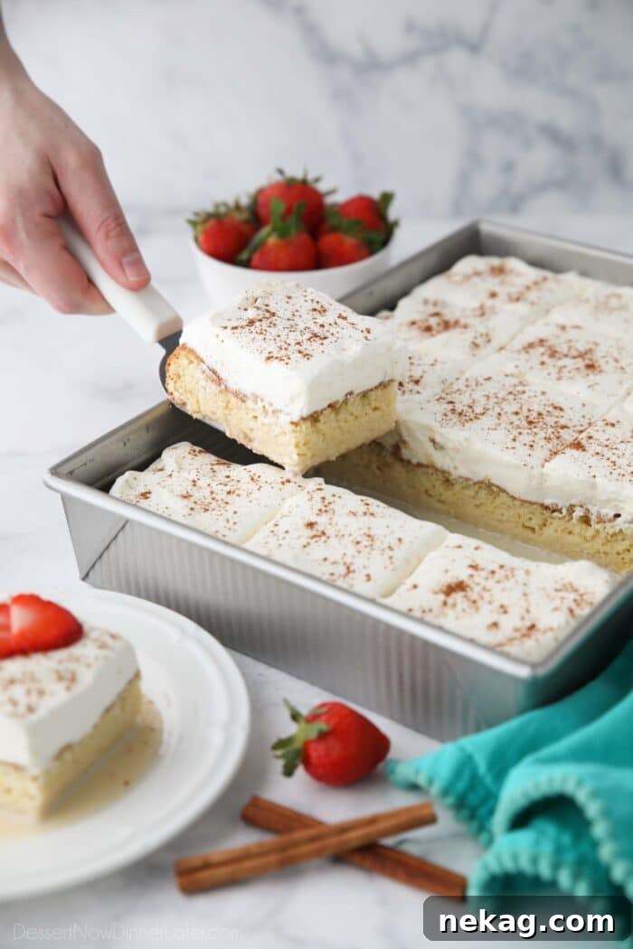 Classic Tres Leches Cake Recipe: Moist Milk-Soaked Sponge 3 Scooping a piece of tres leches cake out of the pan.
