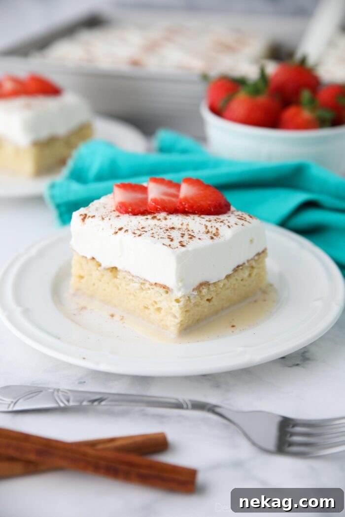 Classic Tres Leches Cake Recipe: Moist Milk-Soaked Sponge 4 Slice of tres leches cake on a plate with whipped cream, cinnamon, and sliced strawberries on top.