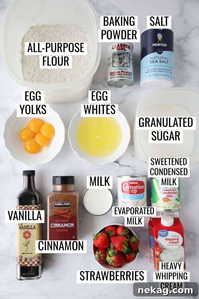 Classic Tres Leches Cake Recipe: Moist Milk-Soaked Sponge 5 Labeled ingredients to make easy Tres Leches Cake.