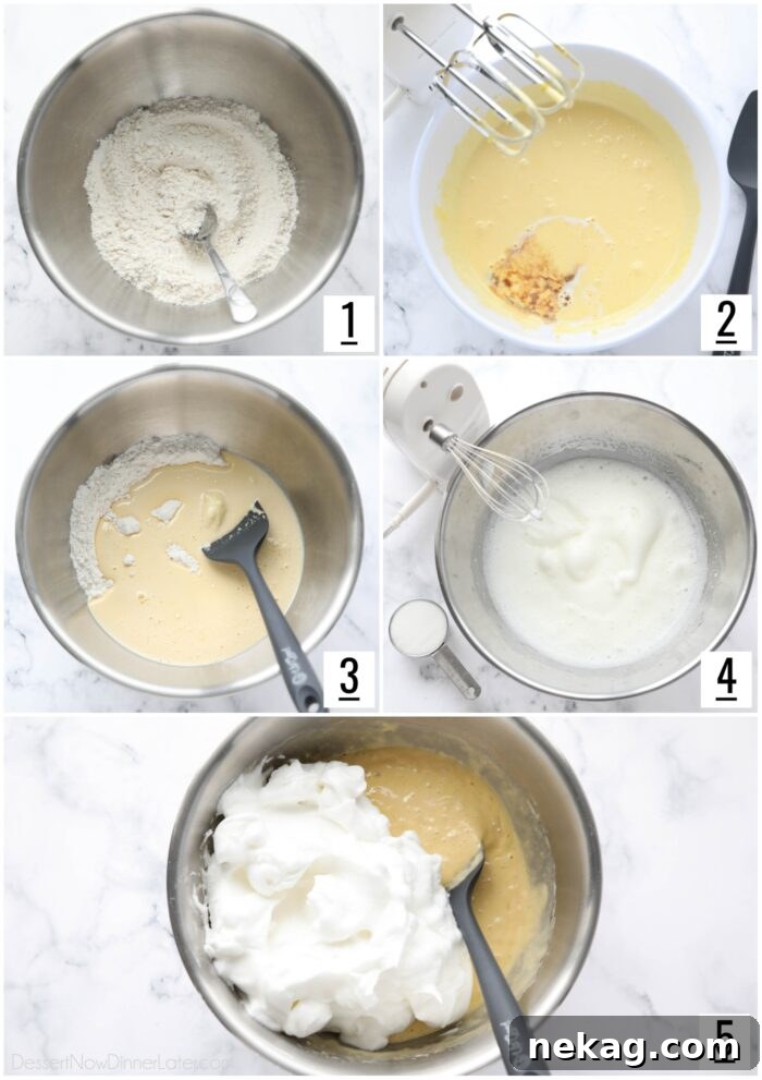 Classic Tres Leches Cake Recipe: Moist Milk-Soaked Sponge 6 Five image collage of steps to make a sponge cake batter.